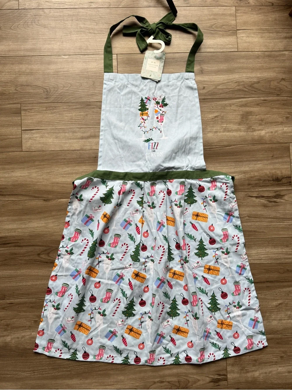 APRON, adult OSFM Fizz the Season NEW Cotton Holiday Christmas light blue